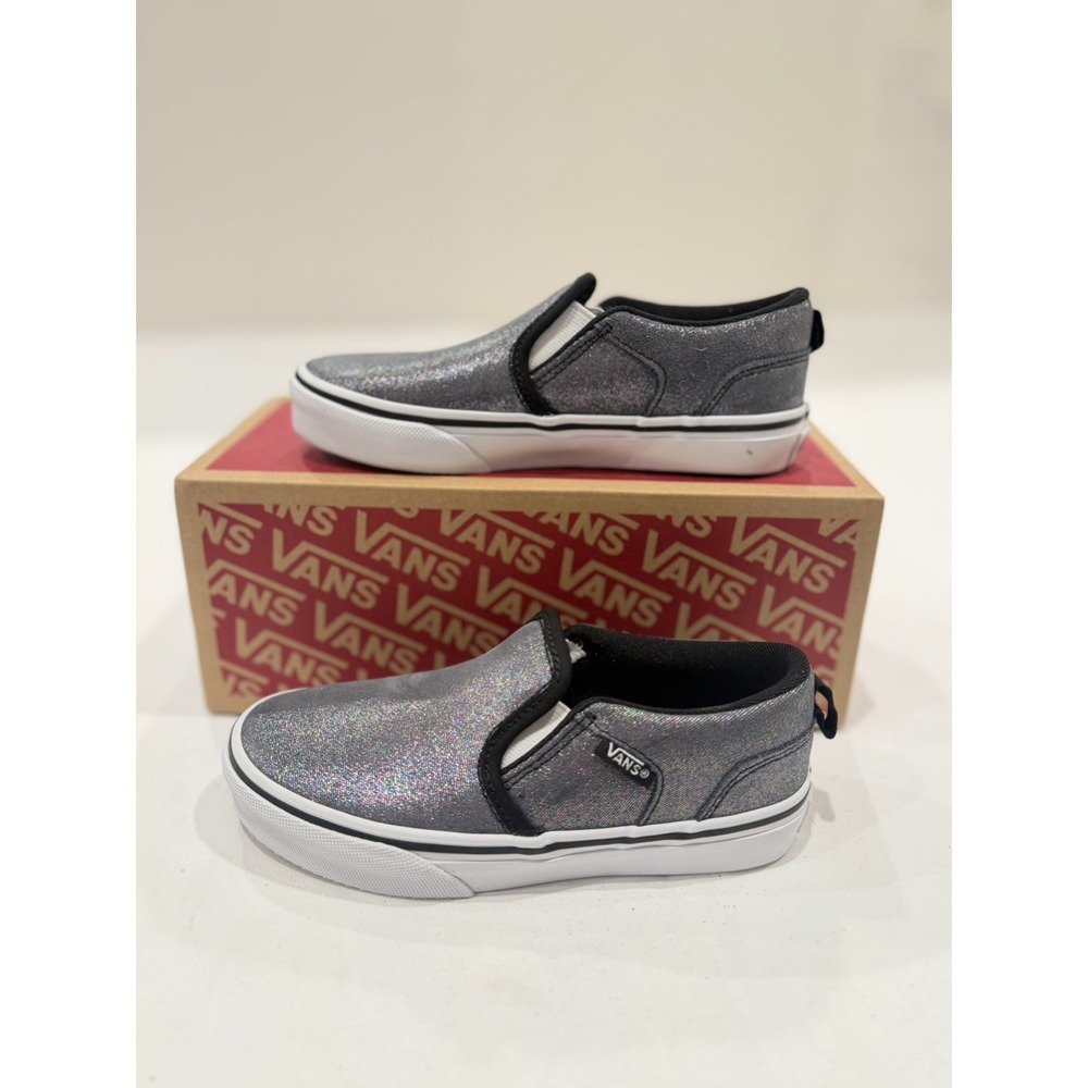 VANS Asher Girls Size 13 Shimmer Gray Black Slip On Sneakers shoes New in Box